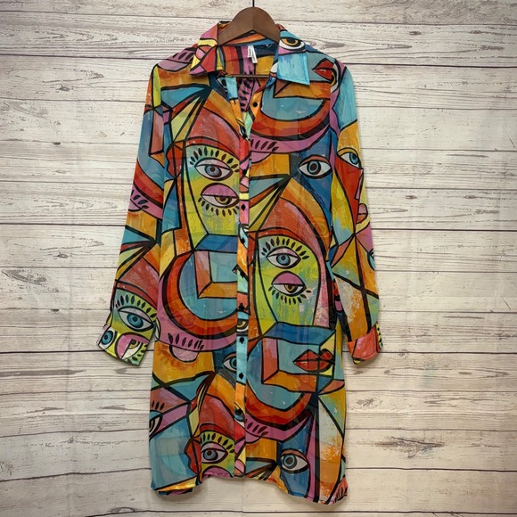 Live 4 Truth Dresses & Skirts - Live 4 Truth Abstract Face Midi Shirt Dress Colorful Art To Wear Button Up Large